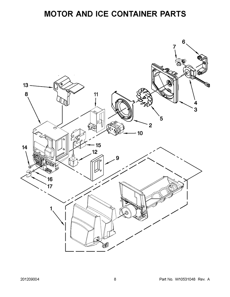 MOTOR AND ICE CONTAINER PARTS Diagram and Parts List for GZ25FSRXYY4  Whirlpool Refrigerator