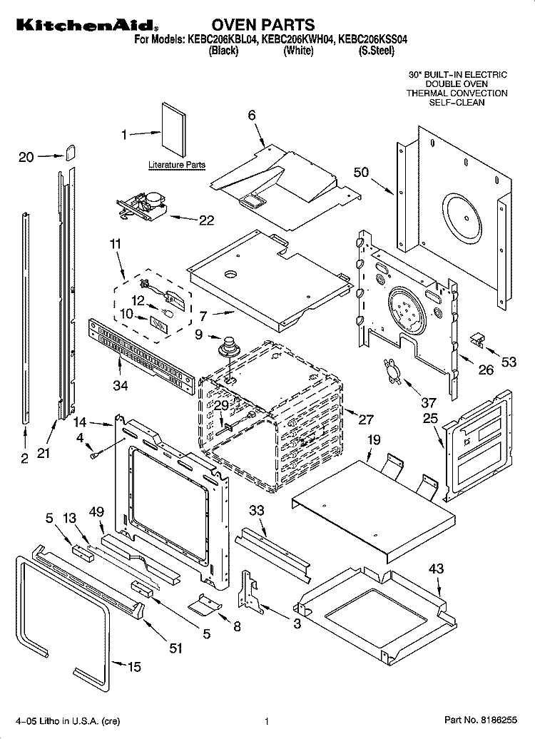 OVEN PARTS Diagram and Parts List for KEBC206KSS04  KitchenAid Wall Oven