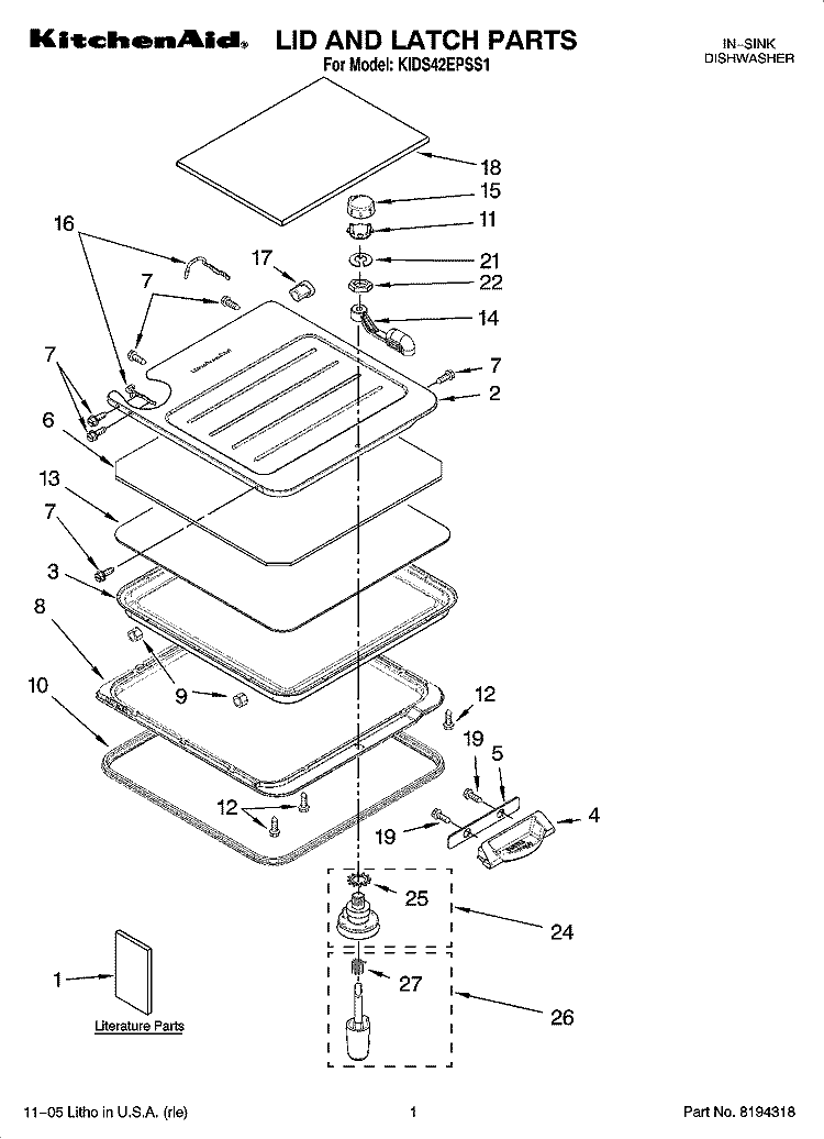 LID AND LATCH PARTS Diagram and Parts List for KIDS42EPSS1  KitchenAid Dishwasher