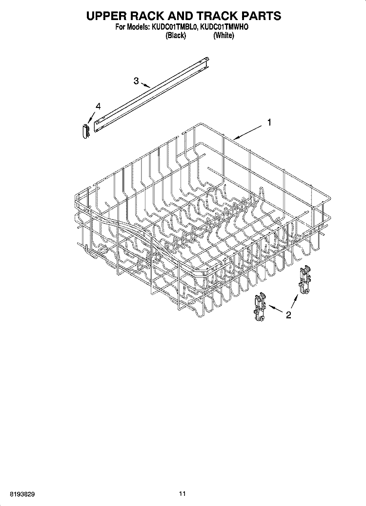 UPPER RACK AND TRACK PARTS Diagram and Parts List for KUDC01TMBL0  KitchenAid Dishwasher