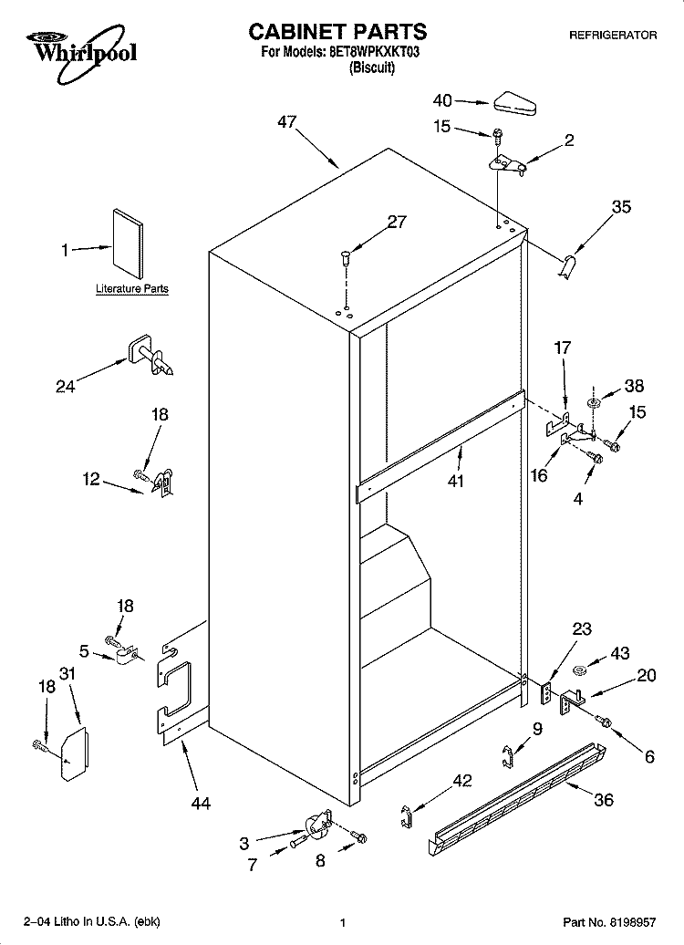 CABINET PARTS Diagram and Parts List for 8ET8WPKXKT03  Whirlpool Refrigerator