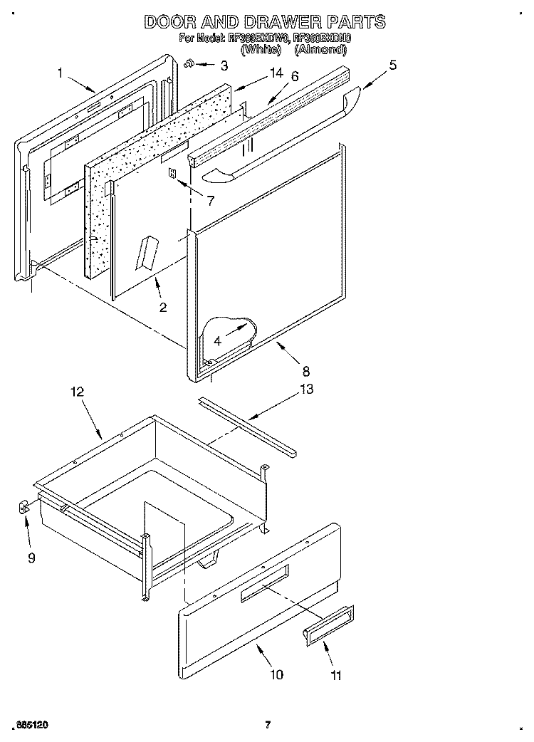 DOOR AND DRAWER Diagram and Parts List for RF360BXDN0  Whirlpool Range