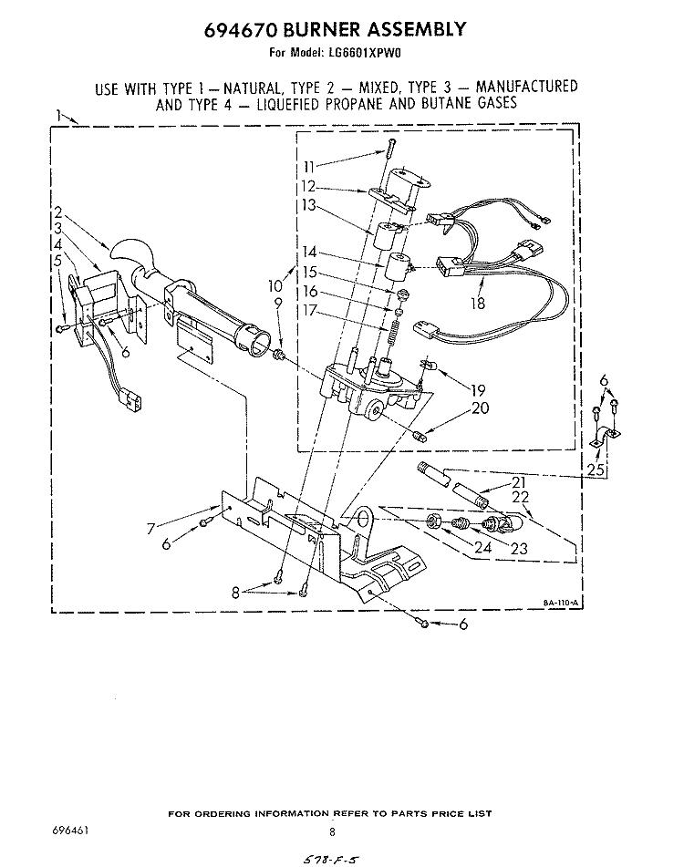 694670 BURNER Diagram and Parts List for LG6601XPW0  Whirlpool Dryer