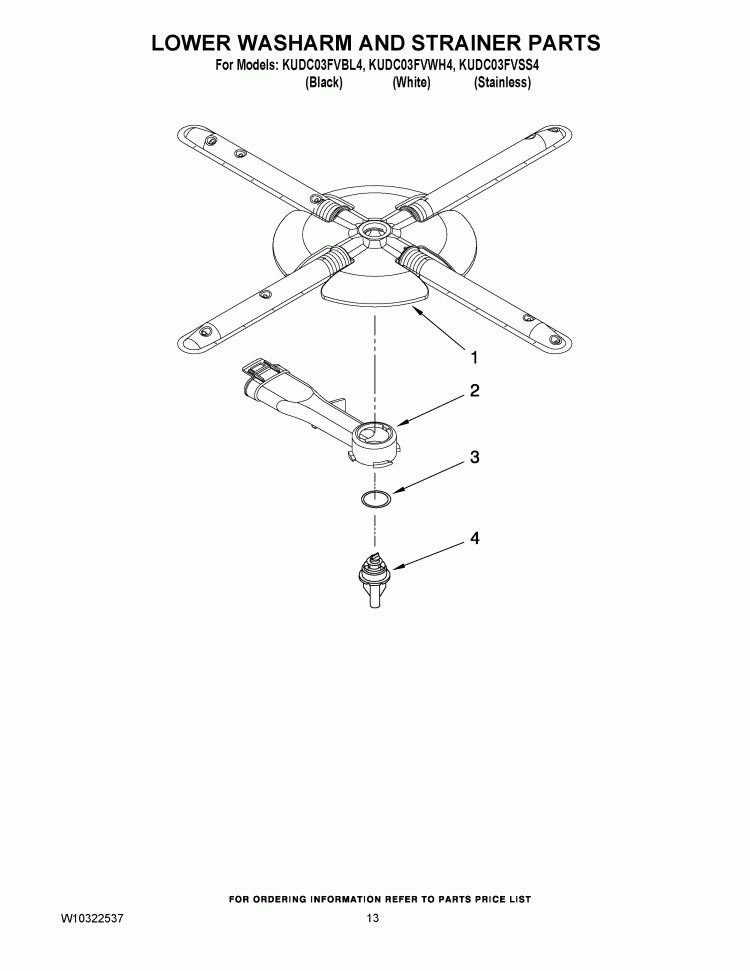 LOWER WASHARM AND STRAINER PARTS Diagram and Parts List for KUDC03FVBL4  KitchenAid Dishwasher