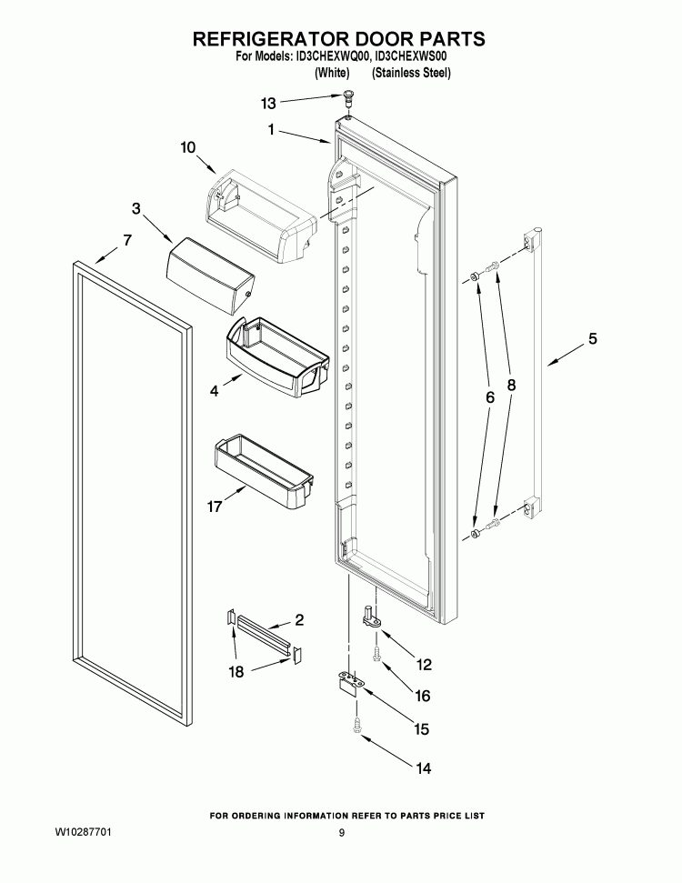 REFRIGERATOR DOOR PARTS Diagram and Parts List for ID3CHEXWS00  Whirlpool Refrigerator
