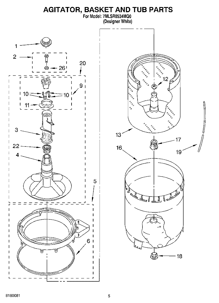 AGITATOR, BASKET AND TUB PARTS Diagram and Parts List for 7MLSR8534MQ0  Whirlpool Washer