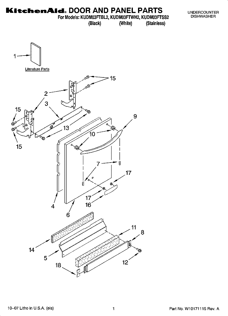 DOOR AND PANEL PARTS Diagram and Parts List for KUDM03FTWH2  KitchenAid Dishwasher