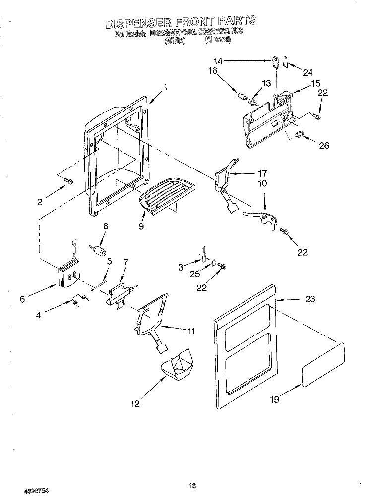 DISPENSER FRONT Diagram and Parts List for ED22GWXFW03  Whirlpool Refrigerator
