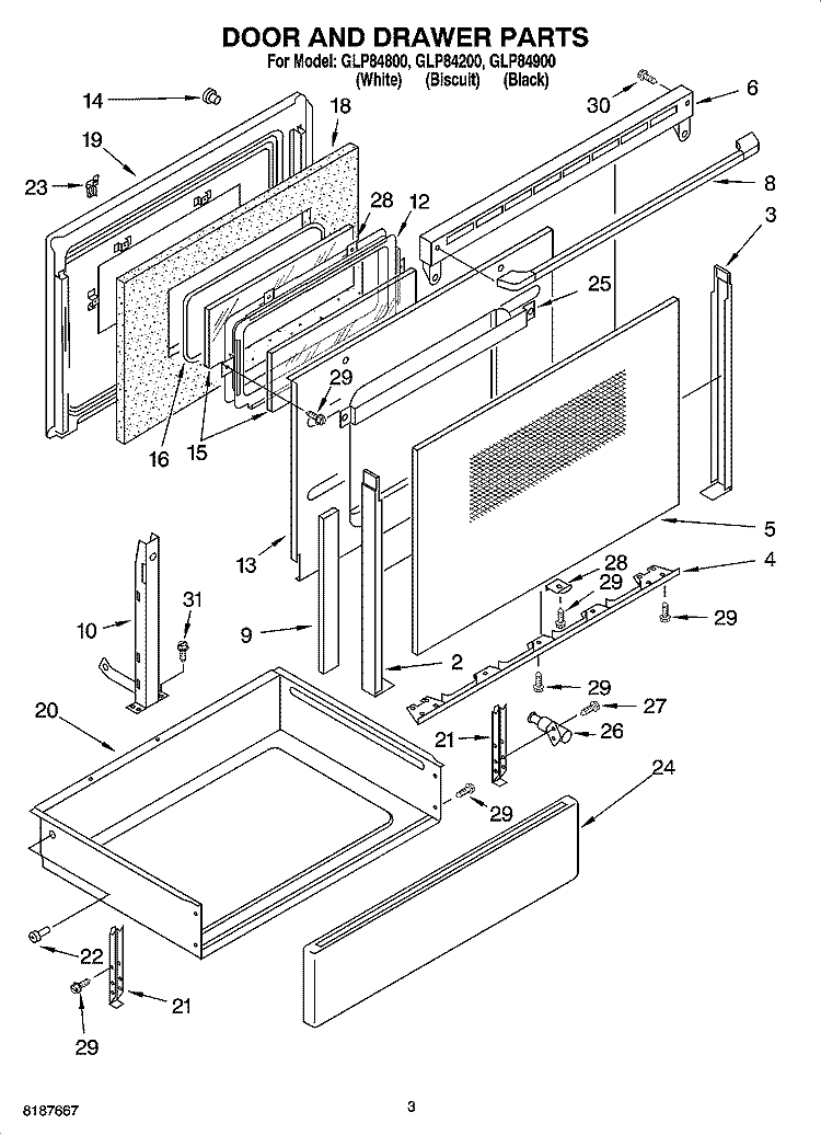 DOOR AND DRAWER PARTS Diagram and Parts List for GLP84900  Whirlpool Range