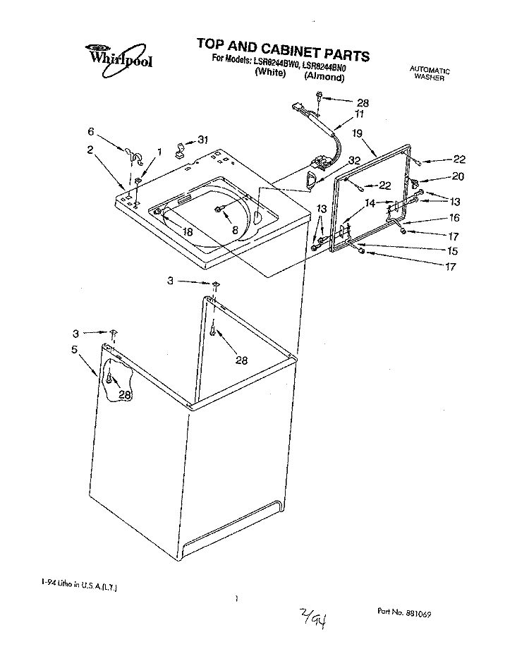 TOP AND CABINET, LIT/OPTIONAL Diagram and Parts List for LSR8244BW0  Whirlpool Washer