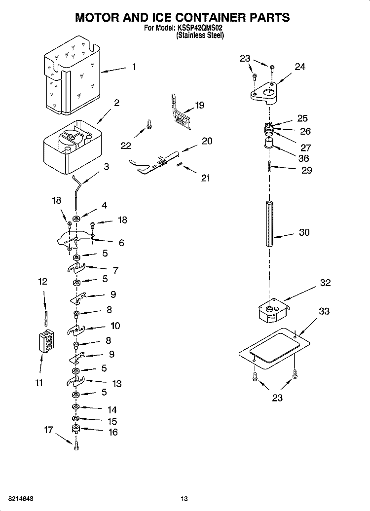 MOTOR AND ICE CONTAINER PARTS Diagram and Parts List for KSSP42QMS02  KitchenAid Refrigerator
