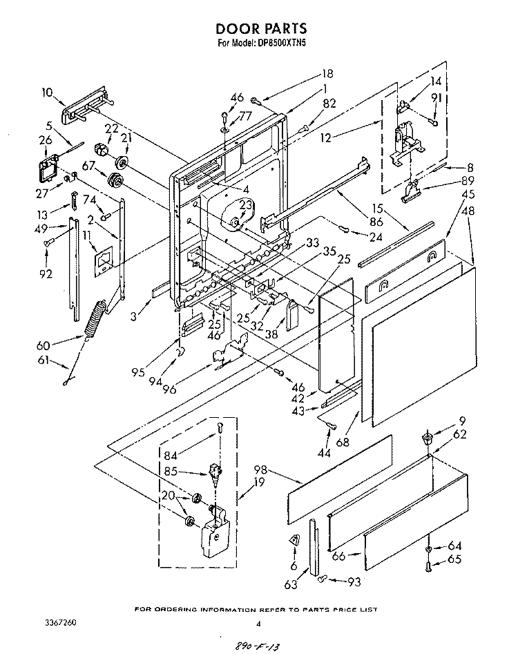 DOOR Diagram and Parts List for DP8500XTN5  Whirlpool Dishwasher