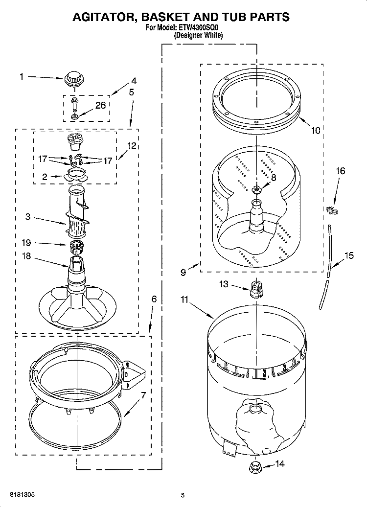 AGITATOR, BASKET AND TUB PARTS Diagram and Parts List for ETW4300SQ0  Estate Washer