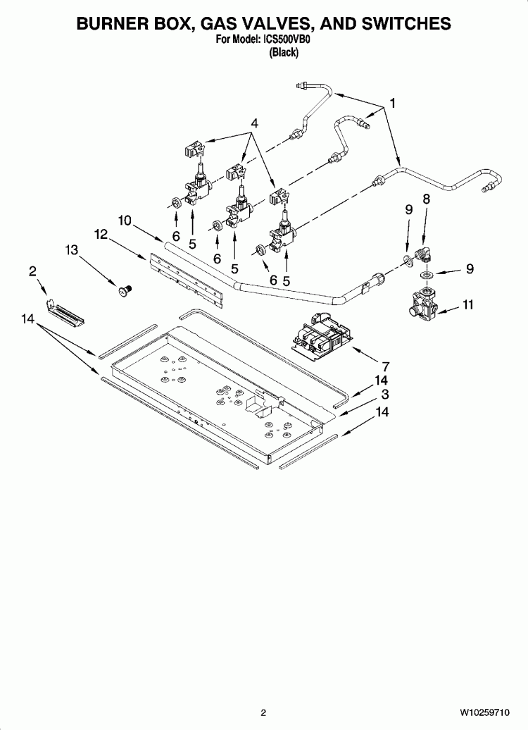 BURNER BOX, GAS VALVES, AND SWITCHES Diagram and Parts List for ICS500VB0  Whirlpool Cooktop