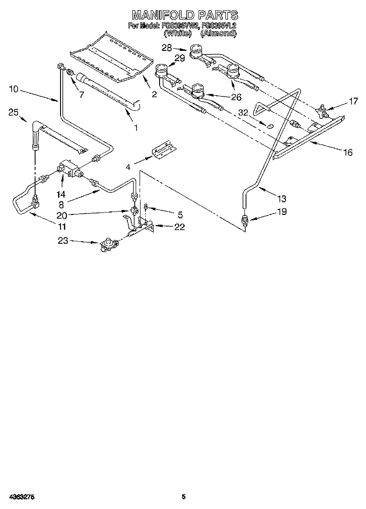 MANIFOLD Diagram and Parts List for FGS395VL2  Whirlpool Range