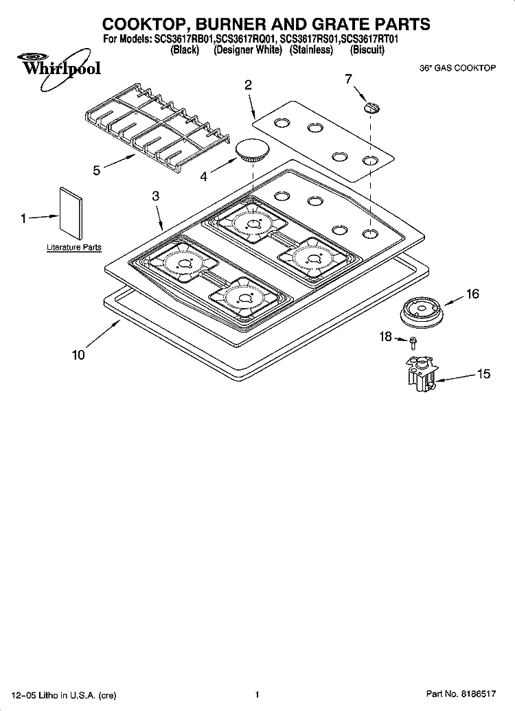 COOKTOP, BURNER AND GRATE PARTS Diagram and Parts List for SCS3617RB01  Whirlpool Cooktop