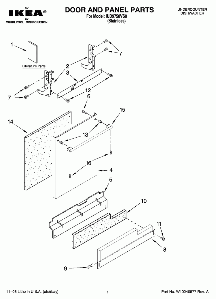 DOOR AND PANEL PARTS Diagram and Parts List for IUD9750VS0  Whirlpool Dishwasher