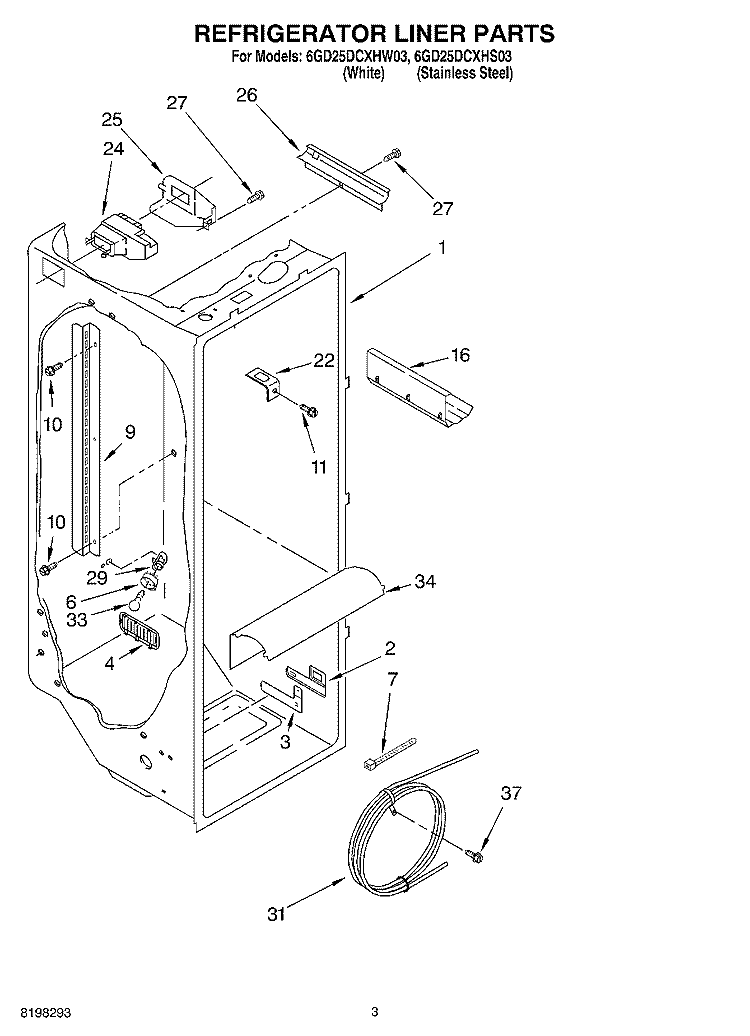REFRIGERATOR LINER Diagram and Parts List for 6GD25DCXHS03  Whirlpool Refrigerator