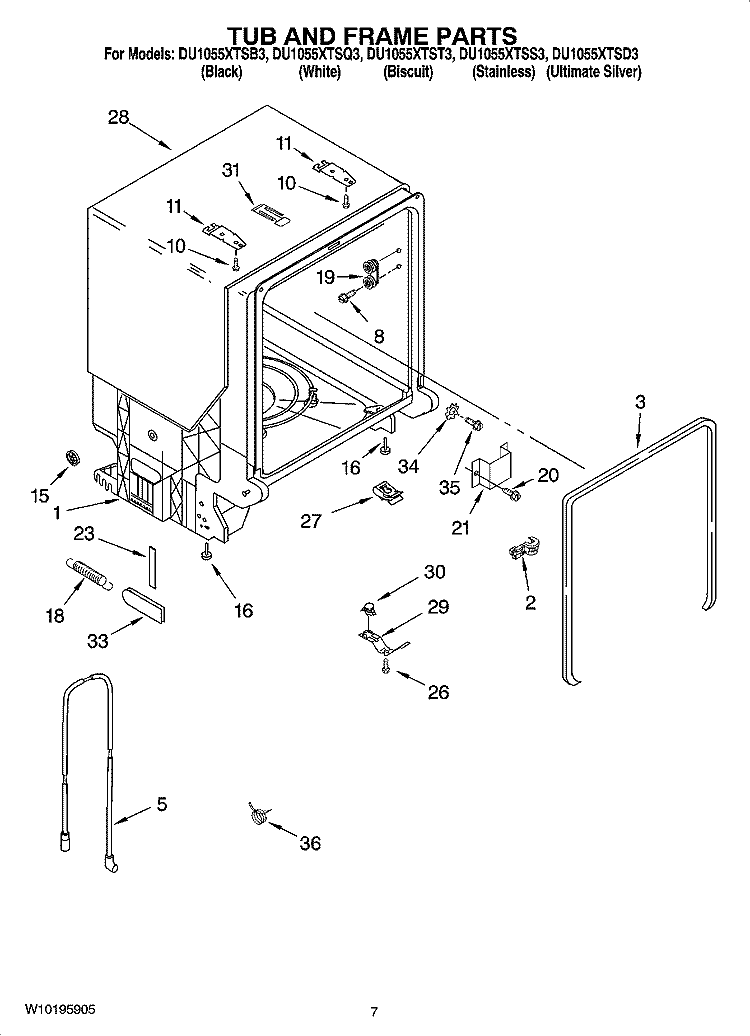 TUB AND FRAME PARTS Diagram and Parts List for DU1055XTST3  Whirlpool Dishwasher