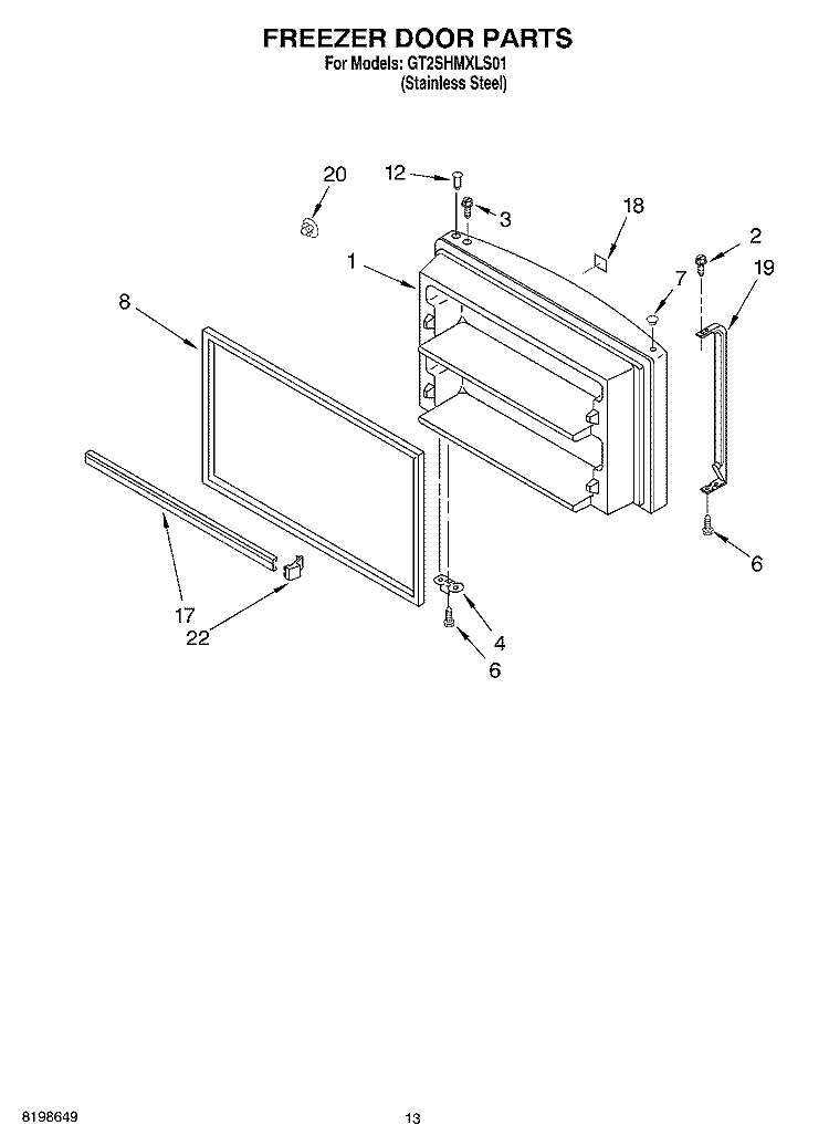 FREEZER DOOR PARTS Diagram and Parts List for GT2SHMXLS01  Whirlpool Refrigerator