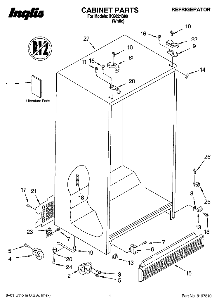 CABINET PARTS Diagram and Parts List for IKQ224300  Inglis Refrigerator