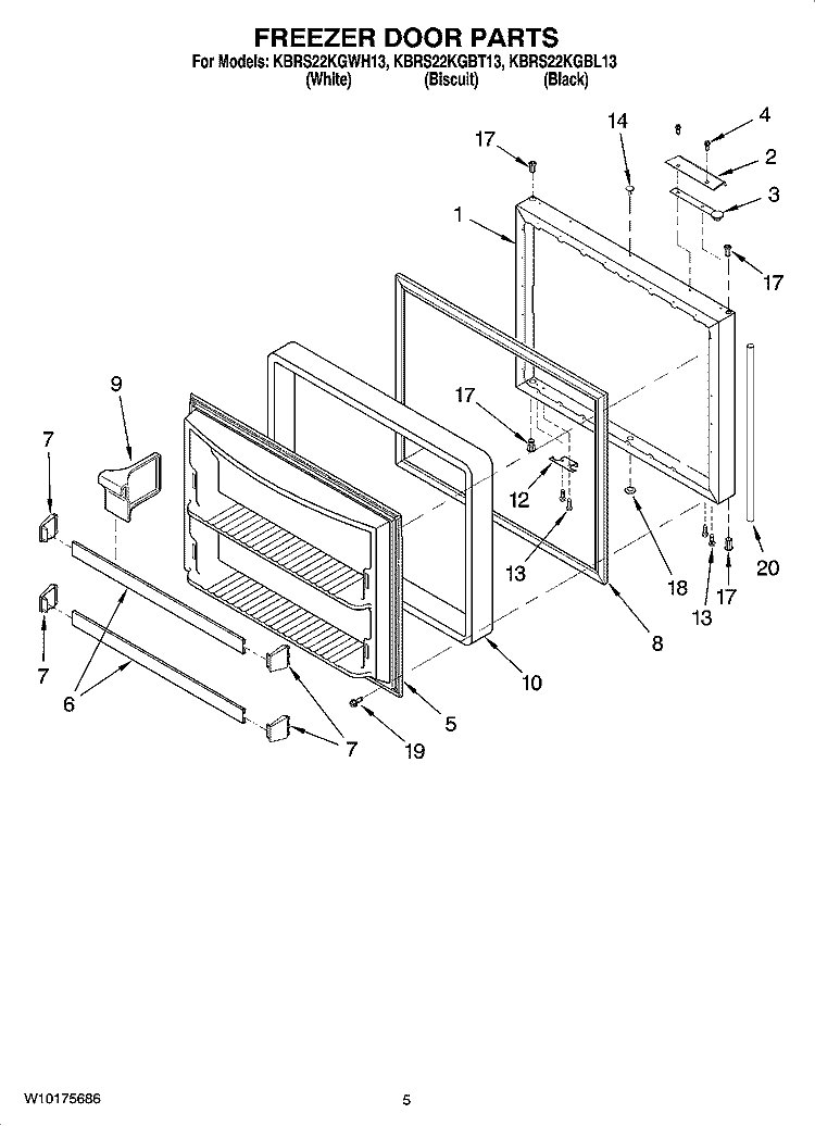 FREEZER DOOR PARTS Diagram and Parts List for KBRS22KGWH13  KitchenAid Refrigerator
