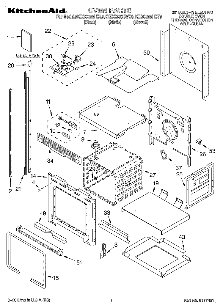 OVEN, LITERATURE Diagram and Parts List for KEBC208HBL0  KitchenAid Wall Oven