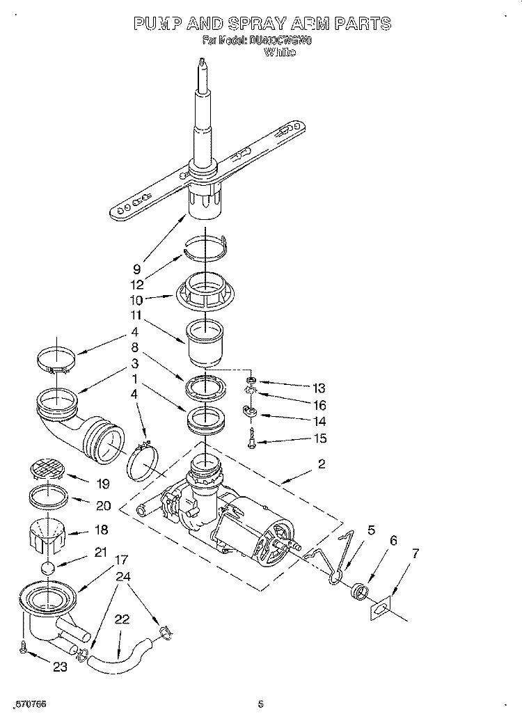 PUMP AND SPRAY ARM Diagram and Parts List for DU400CWGW0  Whirlpool Dishwasher