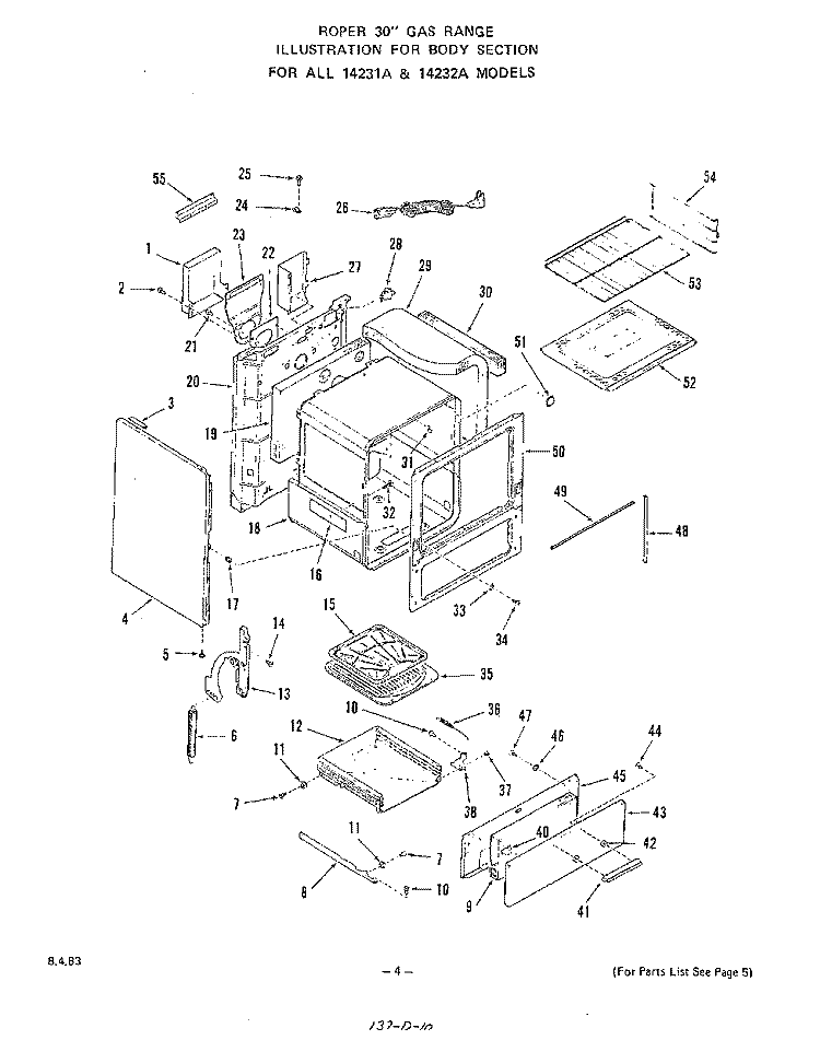 BODY Diagram and Parts List for 1423^2A  Whirlpool Range