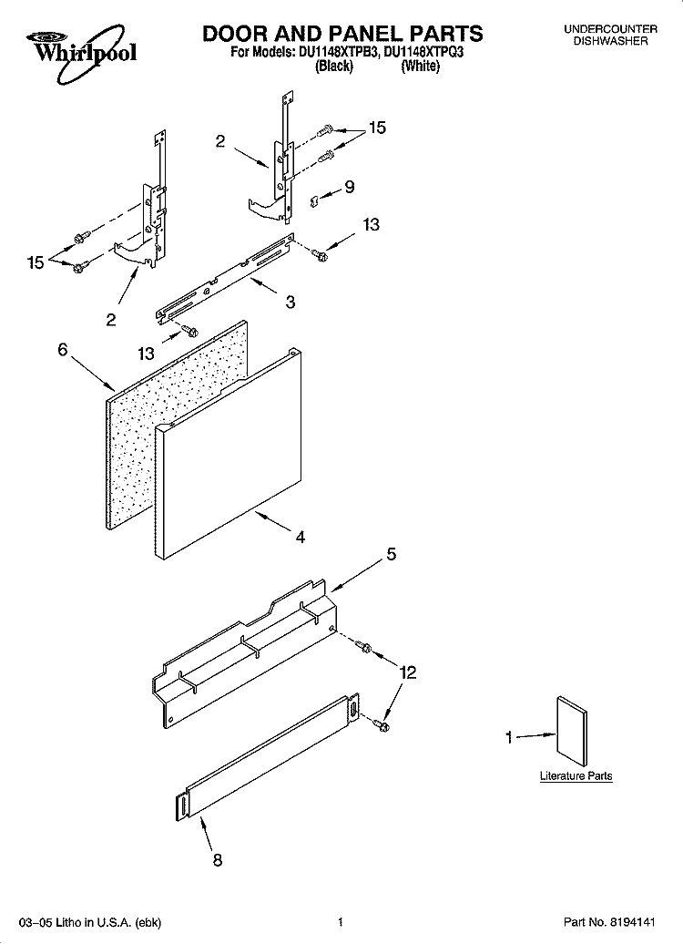 DOOR AND PANEL PARTS Diagram and Parts List for DU1148XTPB3  Whirlpool Dishwasher