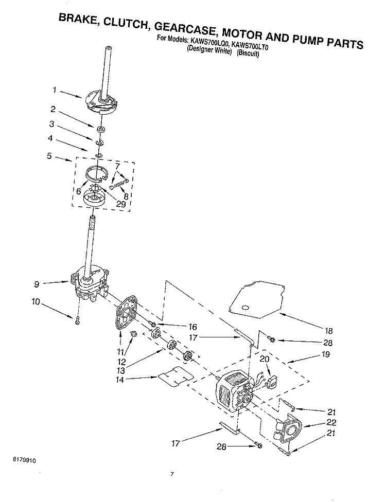 BRAKE, CLUTCH, GEARCASE, MOTOR AND PUMP Diagram and Parts List for KAWS700LQ0  KitchenAid Washer