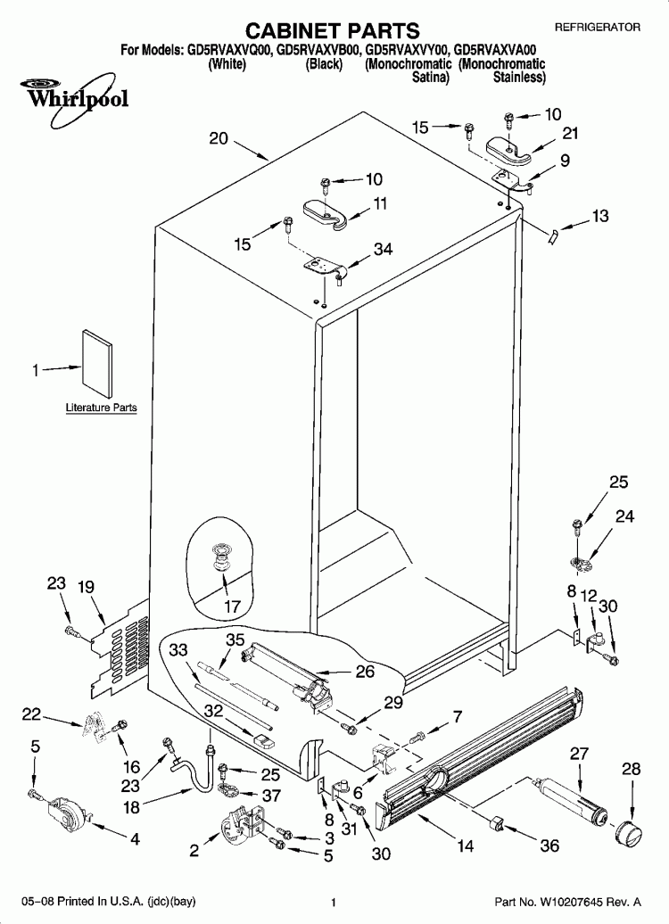 CABINET PARTS Diagram and Parts List for GD5RVAXVB00  Whirlpool Refrigerator