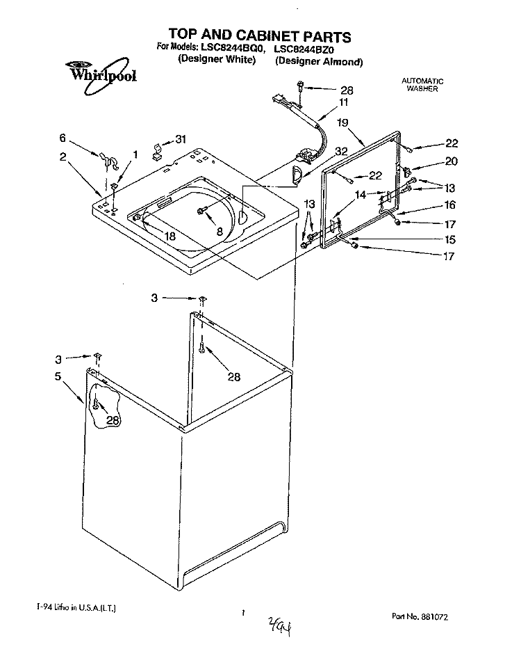 TOP AND CABINET, LIT/OPTIONAL Diagram and Parts List for LSC8244BZ0  Whirlpool Washer