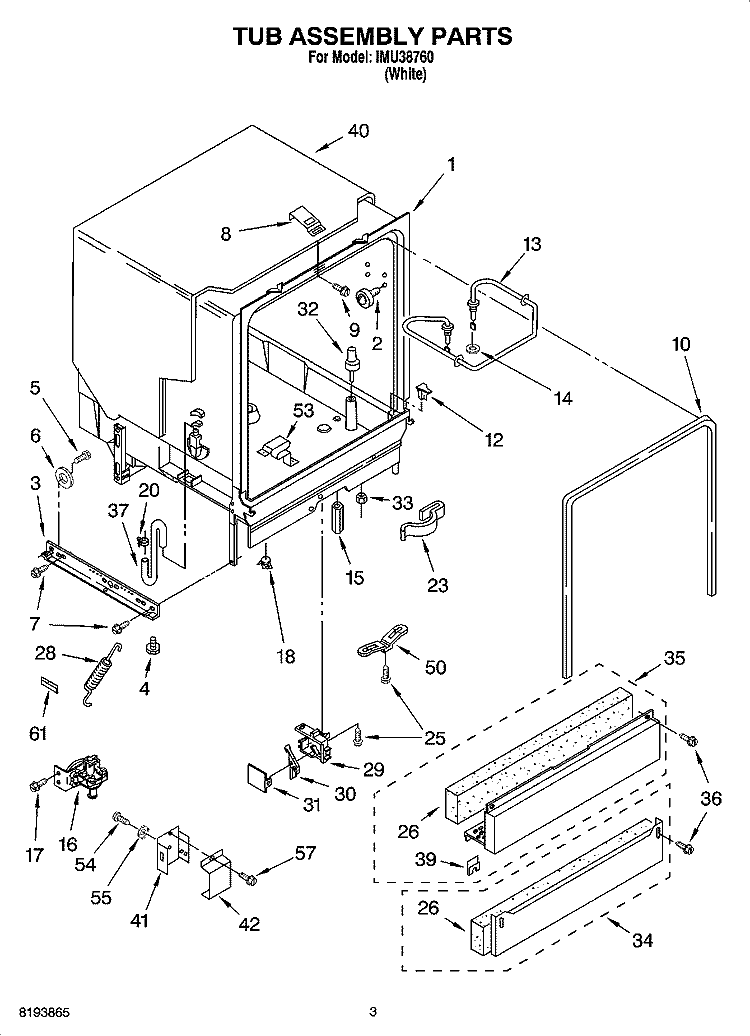 TUB ASSEMBLY PARTS Diagram and Parts List for IMU38760  Inglis Dishwasher