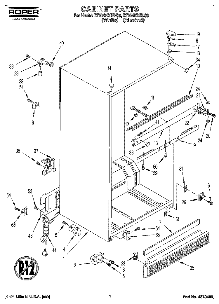 CABINET Diagram and Parts List for RT22AKXBW00  Roper Refrigerator