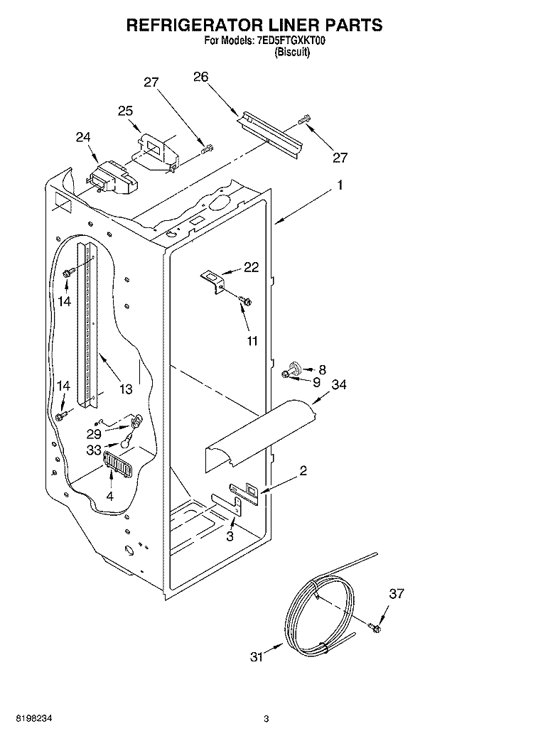 REFRIGERATOR LINER Diagram and Parts List for 7ED5FTGXKT00  Whirlpool Refrigerator