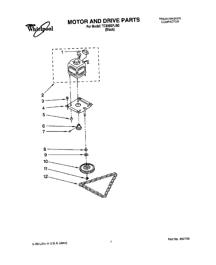MOTOR AND DRIVE, LITERATURE Diagram and Parts List for TC800SPJB0  Whirlpool Trash Compactor