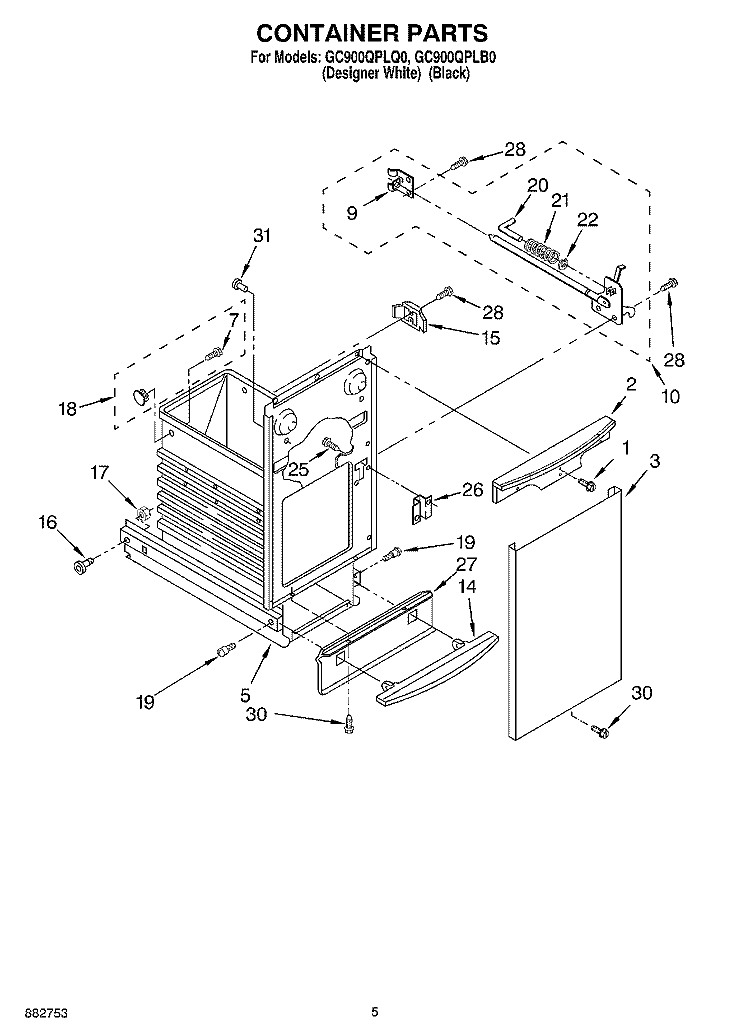 CONTAINER Diagram and Parts List for GC900QPLB0  Whirlpool Trash Compactor