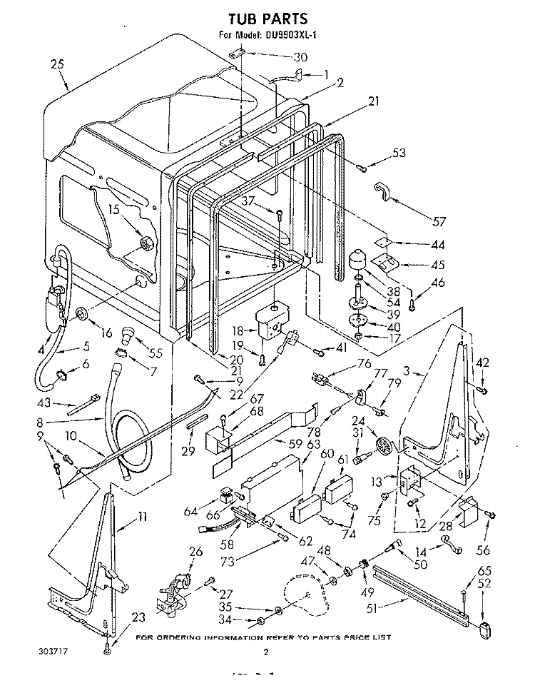 TUB Diagram and Parts List for DU9903XL1  Whirlpool Dishwasher