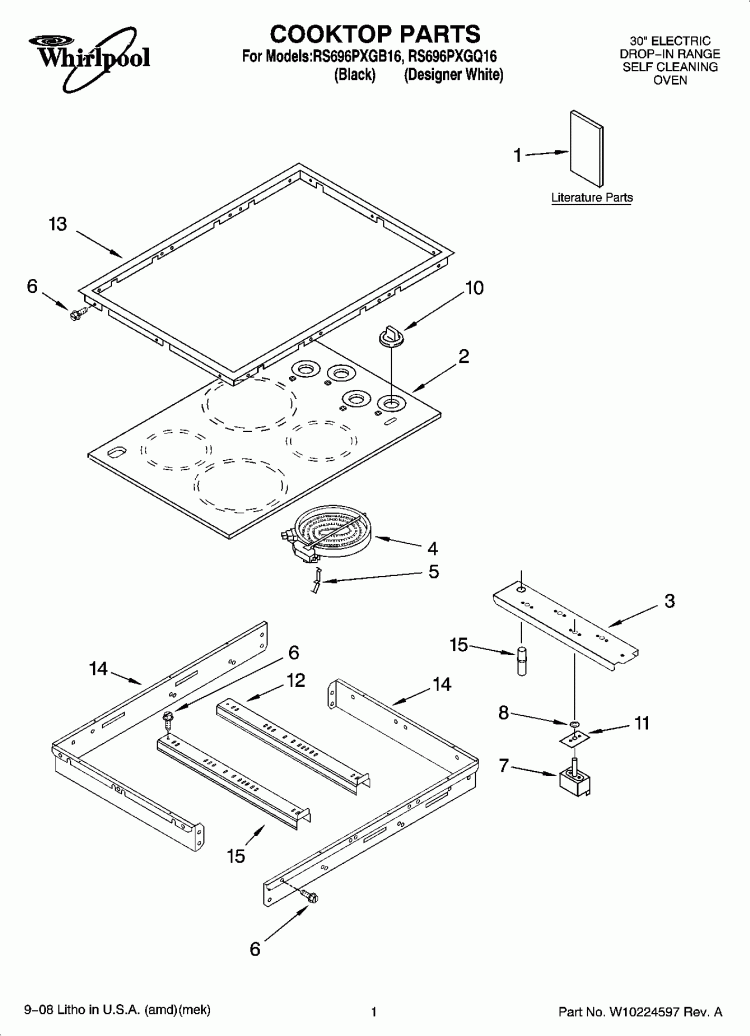 COOKTOP PARTS Diagram and Parts List for RS696PXGQ16  Whirlpool Range