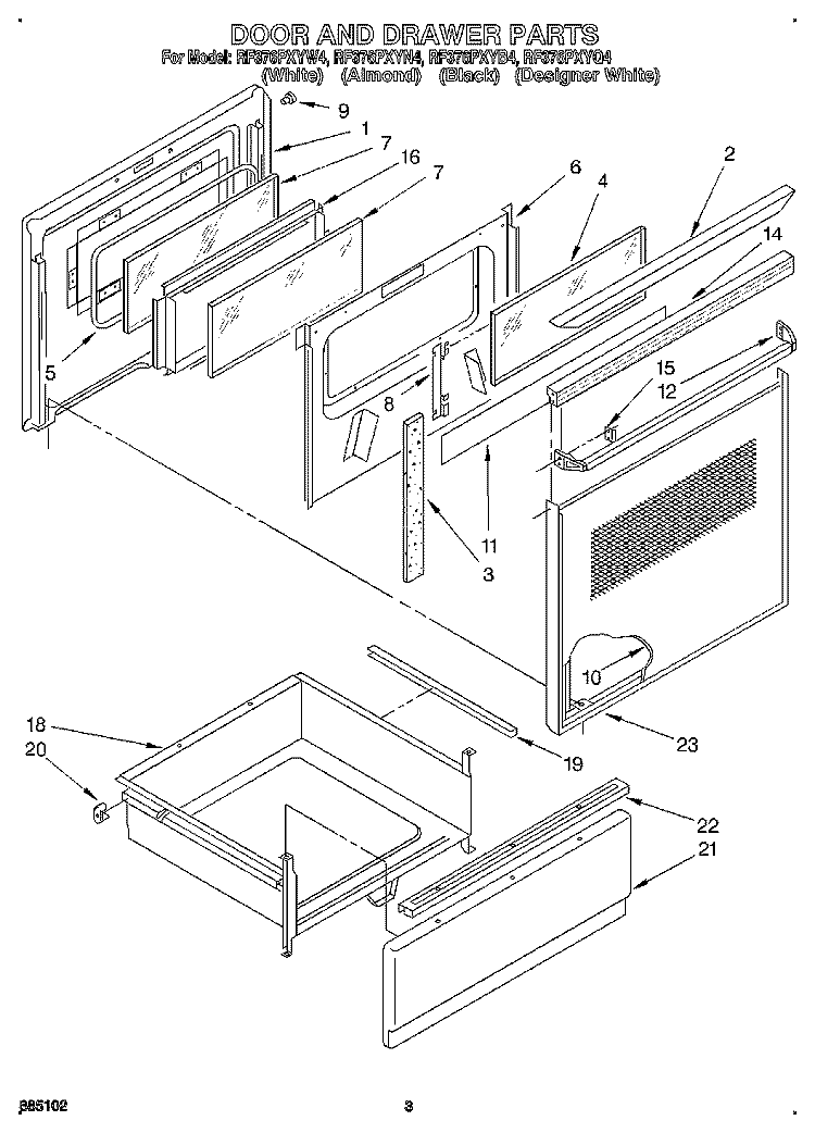 DOOR AND DRAWER Diagram and Parts List for RF376PXYN4  Whirlpool Range