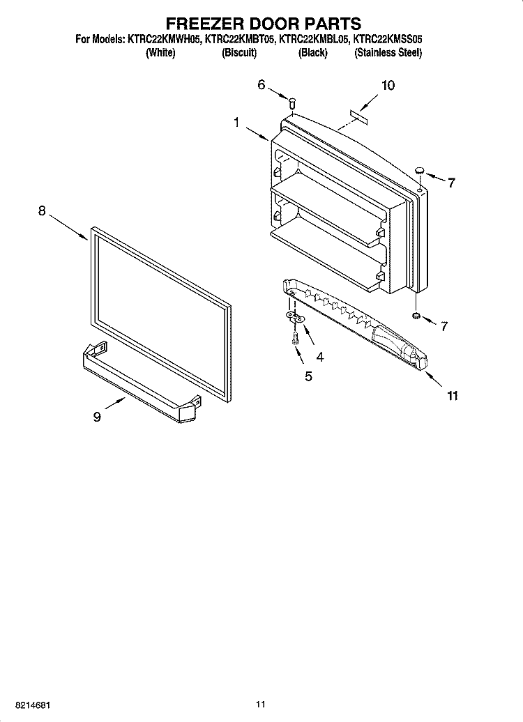 FREEZER DOOR PARTS, OPTIONAL PARTS Diagram and Parts List for KTRC22KMBT05  KitchenAid Refrigerator