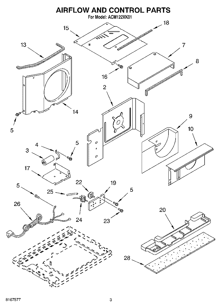 AIR FLOW AND CONTROL Diagram and Parts List for ACM122XK01  Whirlpool Air Conditioner