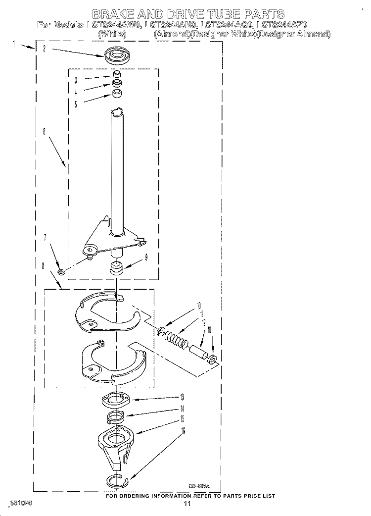 BRAKE AND DRIVE TUBE Diagram and Parts List for LST8244AN0  Whirlpool Washer
