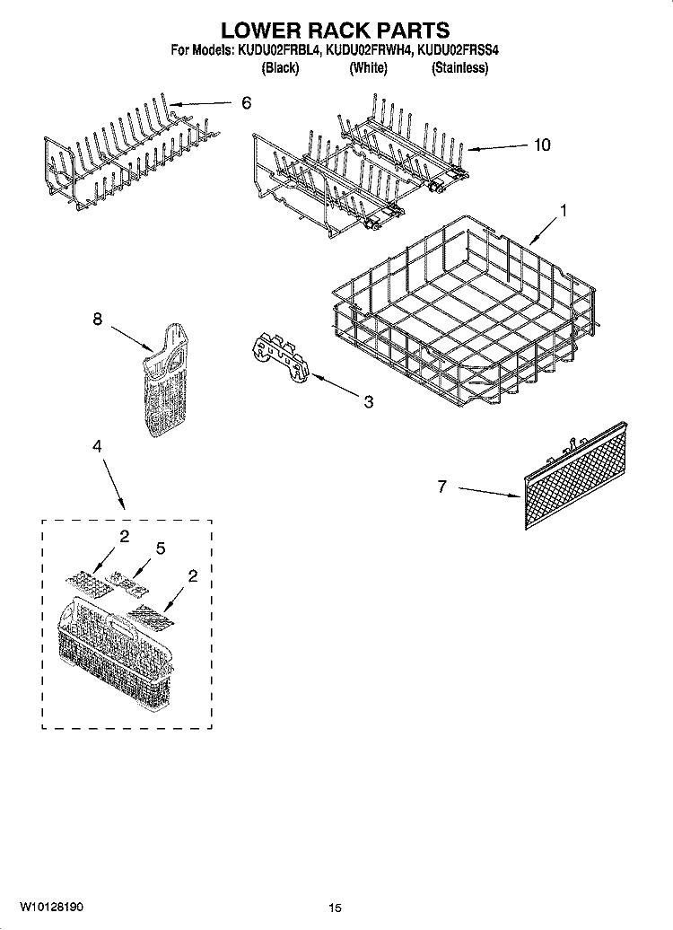 LOWER RACK PARTS, OPTIONAL PARTS (NOT INCLUDED) Diagram and Parts List for KUDU02FRBL4  KitchenAid Dishwasher