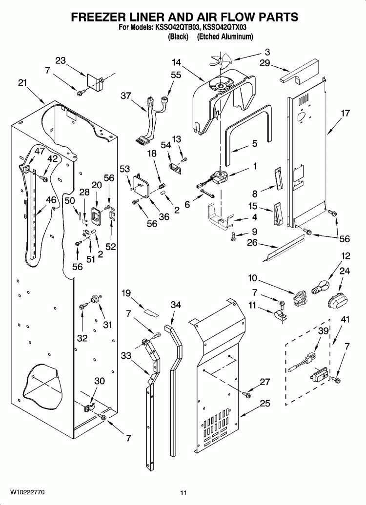 FREEZER LINER AND AIR FLOW PARTS Diagram and Parts List for KSSO42QTX03  KitchenAid Refrigerator