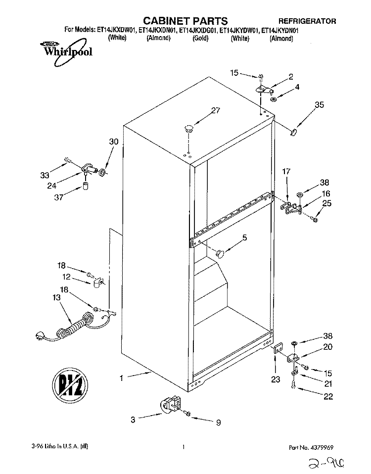 CABINET Diagram and Parts List for ET14JKXDW01  Whirlpool Refrigerator