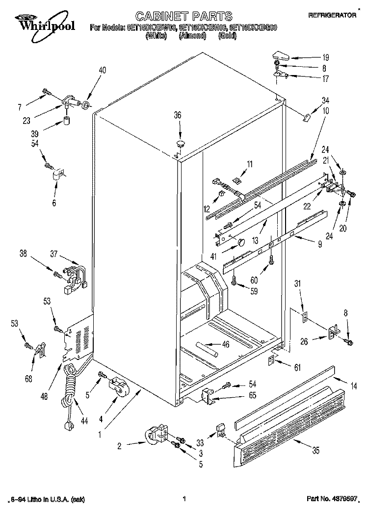 CABINET Diagram and Parts List for 8ET18DKXBW00  Whirlpool Refrigerator