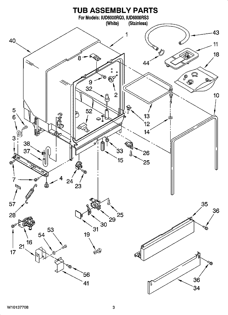 TUB ASSEMBLY PARTS Diagram and Parts List for IUD6000RQ3  Whirlpool Dishwasher
