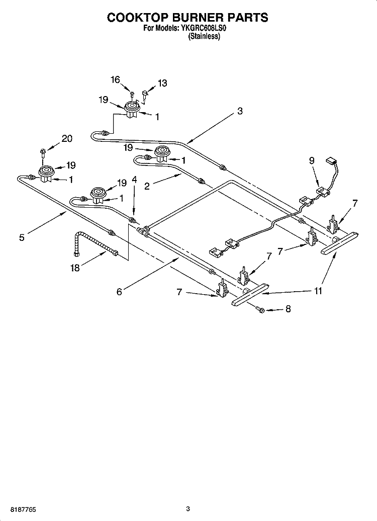 COOKTOP BURNER PARTS Diagram and Parts List for YKGRC608LS0  KitchenAid Range